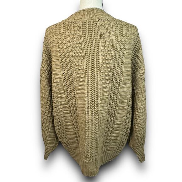 Cable Knit Tan Beige Vneck Cardigan Sweater Button Front Balloon Sleeves Medium - Picture 5 of 8